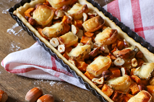 Tarte à la patate douce, aux noisettes et au chèvre Crottin de Chavignol