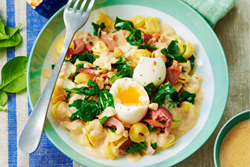 Collerettes au jambon de Savoie, épinards et comté