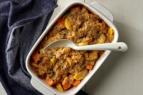 Crumble de patate douce aux clémentines de Corse IGP, farine de châtaigne, parmesan et gorgonzola