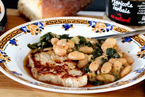 Escalopes de veau et haricots tarbais aux épinards et au cumin