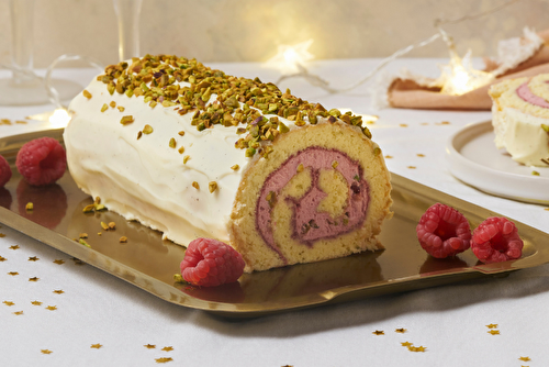 Bûche de Noël au mascarpone, vanille et framboise