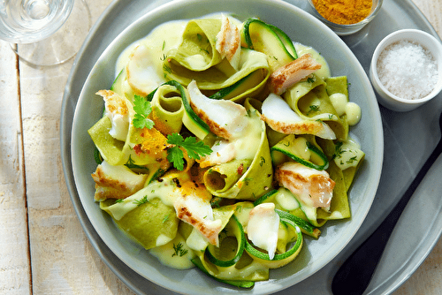 Carbonara de cabillaud et tagliatelles de courgette