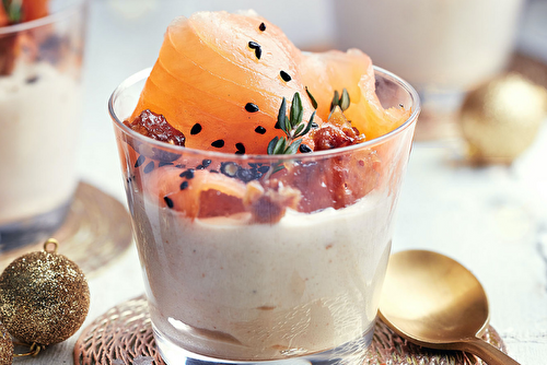 Carpaccio de saumon fumé à la truffe, mousse aux marrons et éclats de châtaignes caramélisées