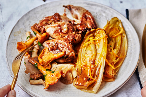 Endives braisées à l’orange et filets de cailles aux champignons et au Cognac