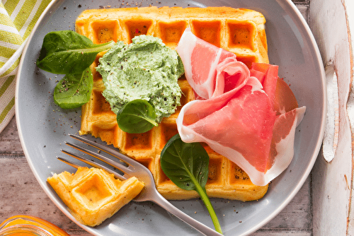 Gaufres à la mousse d’épinards et au Jambon de Parme