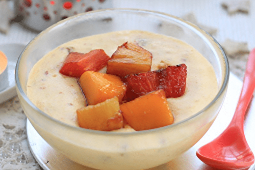 Mousse au chocolat blanc craquante et fruits exotiques