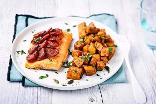 Pavé de truite en écailles de chorizo, dès de courges rôtis