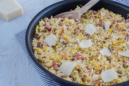 Poêlée de perles aux poireaux, lard et parmesan