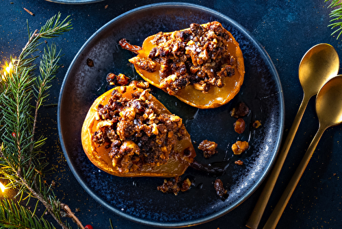 Poires rôties au crumble noix-noisettes et Fleur de sel Le Guérandais