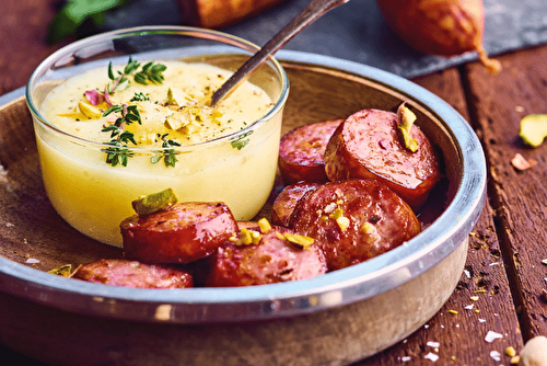 Purée pistachée à la saucisse de Montbéliard