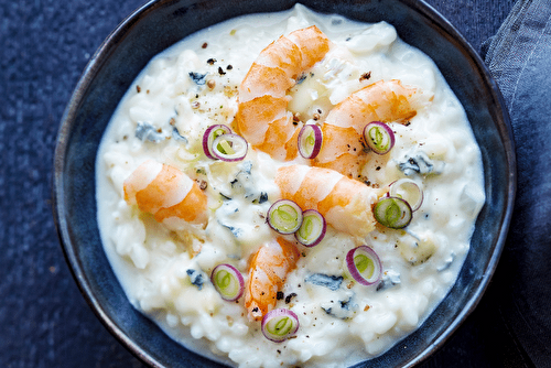 Risotto au Bresse Bleu et aux crevettes grillées