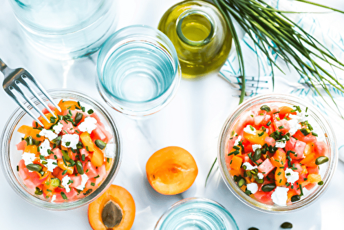 Tartare d’abricots au chèvre et pastèque