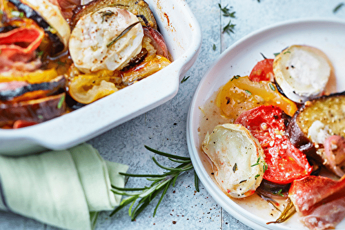 Tian d’aubergines à la coppa, tomate et Chavroux®