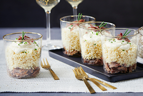 Verrine de confit de canard, perle Alpina Savoie, Tomme de montagne à la truffe d’été Pochat & Fils