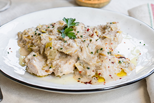 Blanquette de poulet, semoule de chou-fleur à la crème de noix