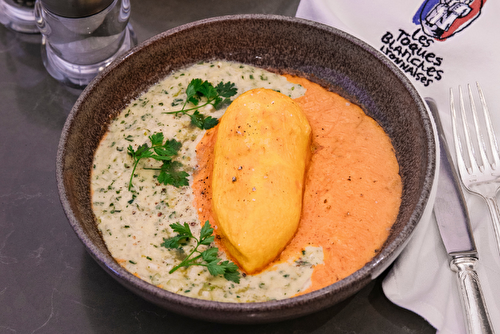 Quenelles au brochet façon beurre blanc, risotto de céleri rave au comté affiné 18 mois, sauce nantua, émulsion de céleri branche et curry vert