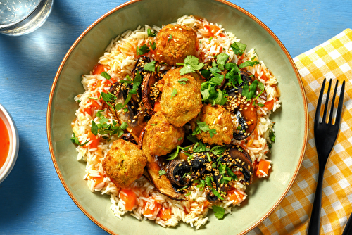 Boulettes veggie thaï, riz et sauce chili