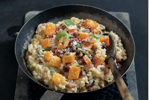 Risotto à l’orge, à la courge butternut, à la pancetta et au Parmigiano Reggiano