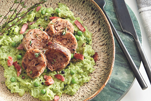 Andouillette et purée de petits pois aux lardons