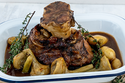 Jarret de veau et petits poivrades rôtis au miel de Provence