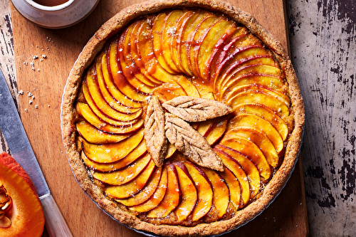 Tarte potimarron aux pommes caramel, pâte sablée à la noisette