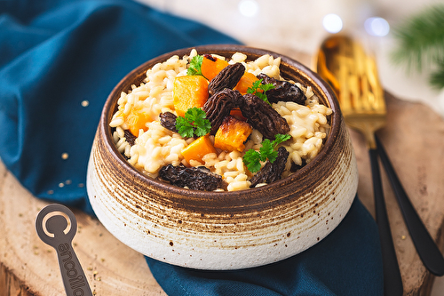 Risotto à la Cancoillotte au vin jaune, courges et morilles