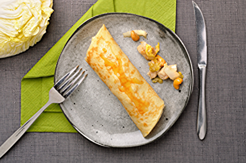 Crêpes farcies au poulet laqué au miel de tournesol, noix de cajou et chou chinois