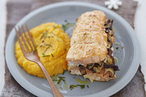 Mini rôti de saumon écossais Label Rouge aux shiitakes, mousseline de potiron à la cannelle