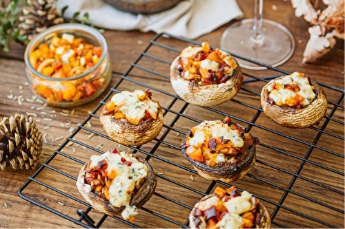 Portobellos aux chorizo, pomme et Fourme d’Ambert