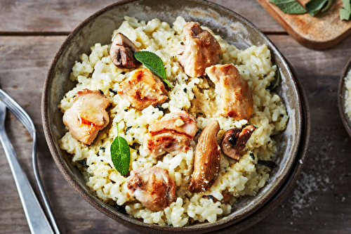 Risotto au lapin au pesto de sauge et champignons des bois