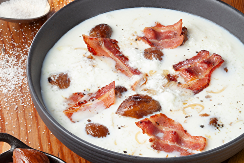 Soupe de lait et tapioca, châtaignes dorées et lard croustillant