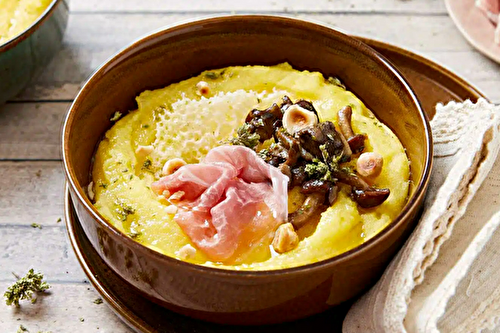 Polenta au Prosciutto di San Daniele AOP, noisettes et gaufres de pecorino