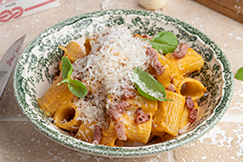 Rigatonis façon carbonara à la courge butternut