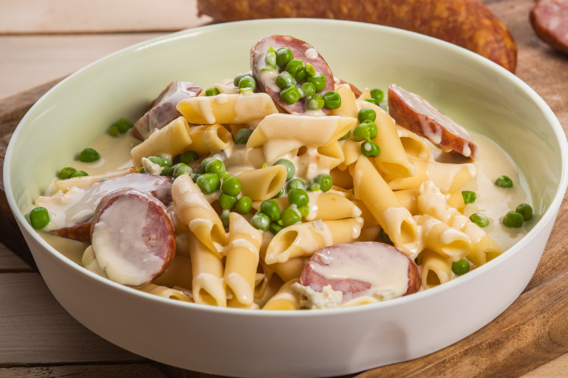 Penne au Gorgonzola et à la saucisse de Montbéliard