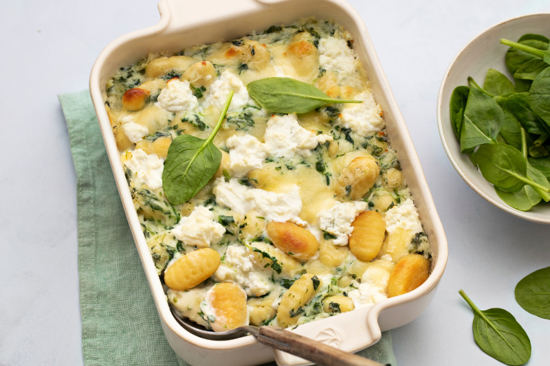 Gratin de gnocchis, béchamel au chèvre frais et épinards