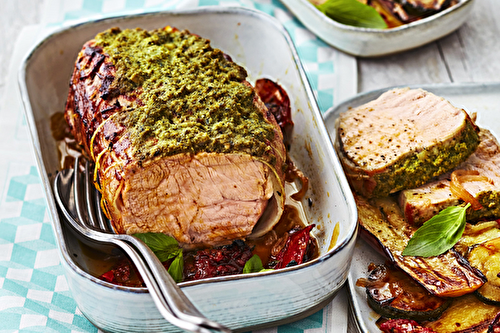 Rôti de veau au pesto roquette-basilic, légumes d’été braisés