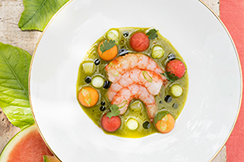 Gambas à l’Aguachile, billes de melon et pastèque