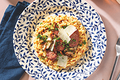 Risotto de Fregola Sarda à la saucisse Montbéliard IGP et poêlée de shitakés-persillés