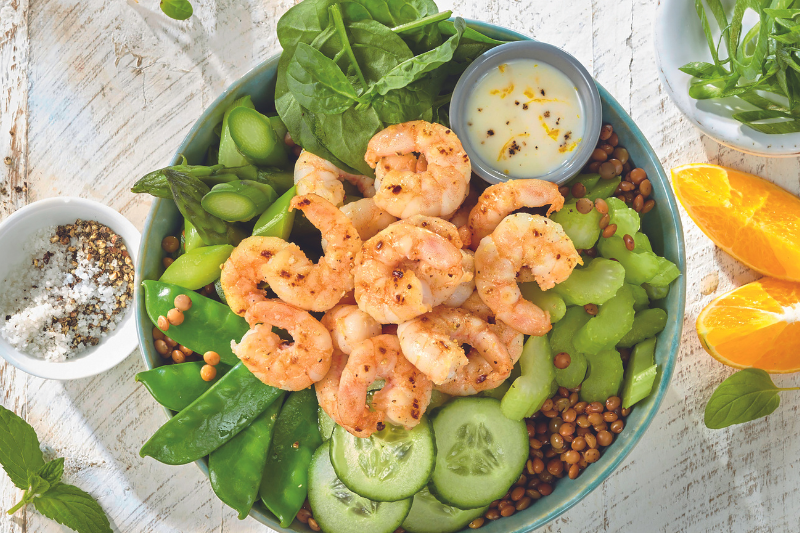 Bowl vert aux crevettes et kéfir d’orange