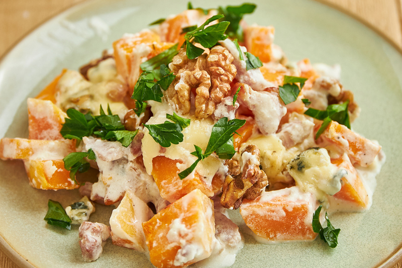 Gratin de butternut aux lardons et à la fourme d’Ambert