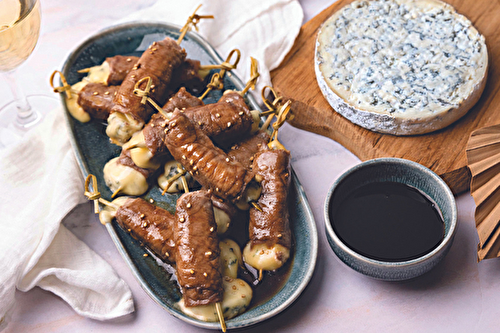 Brochettes apéritives à la japonaise, boeuf et Fourme d’Ambert