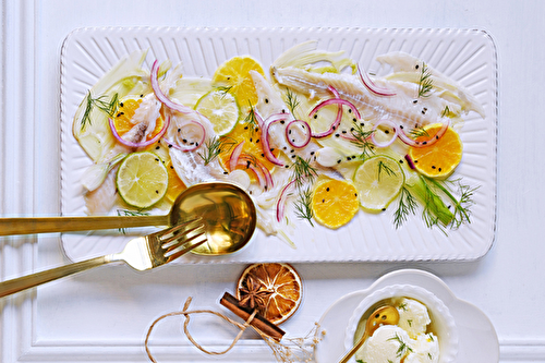 Ceviche de daurade au fenouil et à l’orange, glace yaourt-aneth