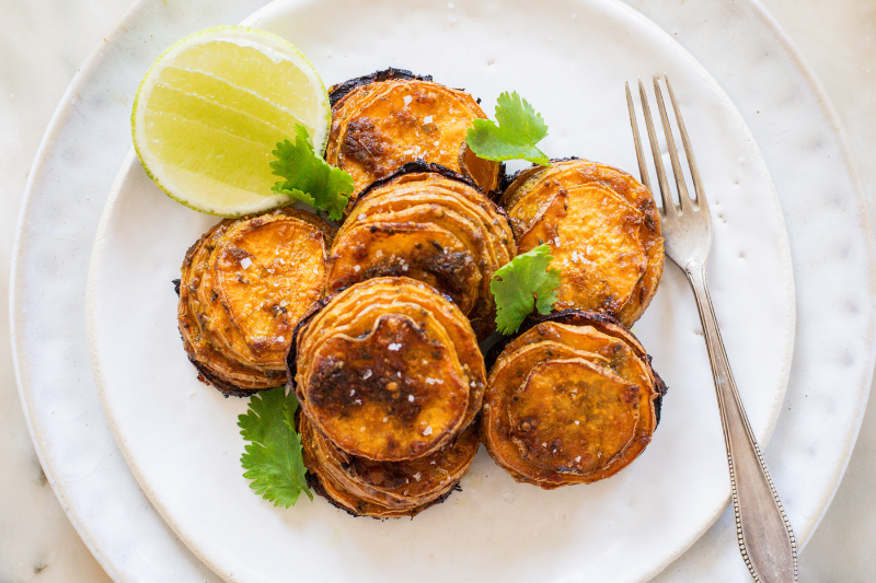 Millefeuilles de patate douce au curry vert