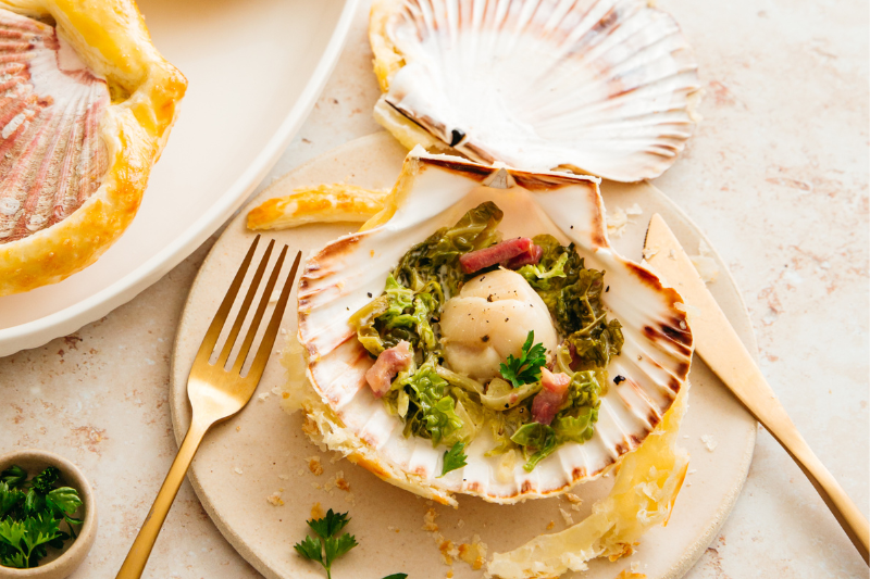 Saint-Jacques lutées en coquilles, chou et lard