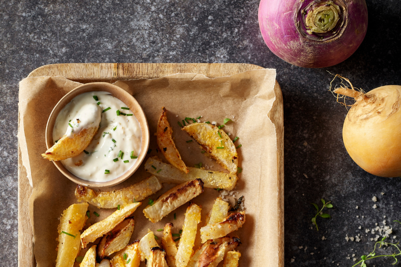 Frites de navets, sauce au miel