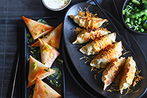 Gyozas au poulet et Mimolette et Samoussas au fromage frais et légumes