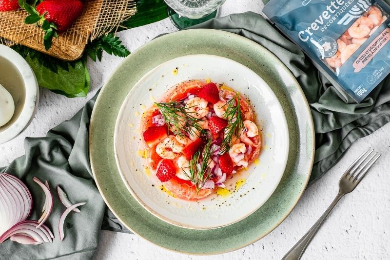 Ceviche de crevettes, pomelos et granité fraise