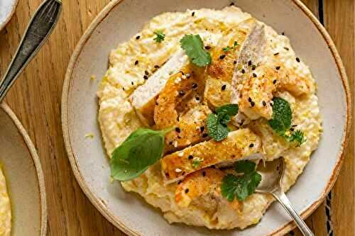Polenta crémeuse aux crevettes et suprêmes de volaille