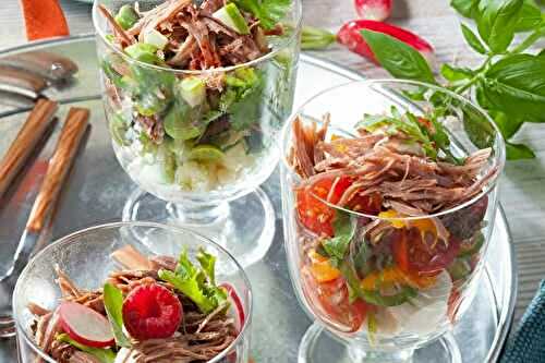 Verrines fraîcheur au confit de canard, petits légumes et fruits