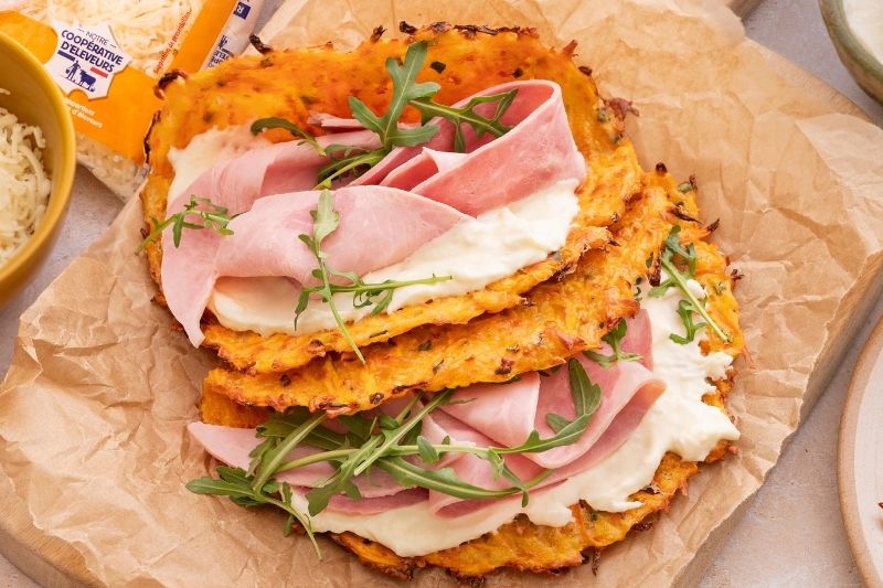 Wraps de carottes au fromage, roquette et jambon
